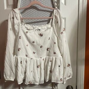 Torrid White Smocked Blouse with Floral Accents